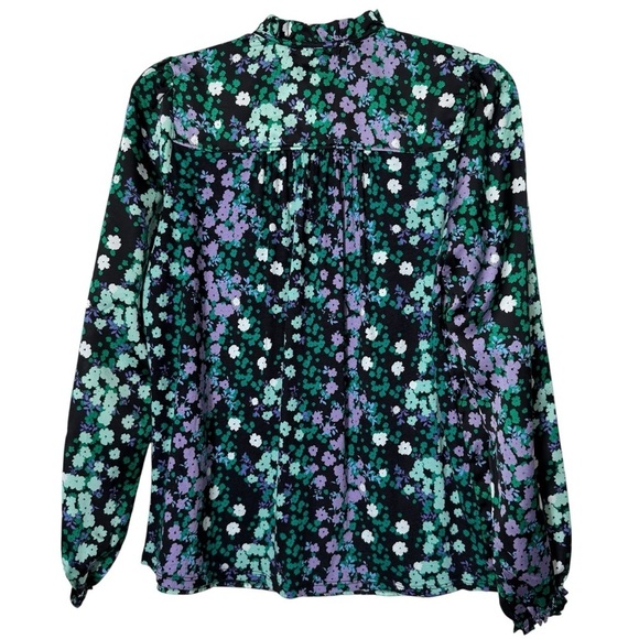 LOFT Tie Neck Floral Blouse | Size XS | Black Purple Green - Picture 4 of 6